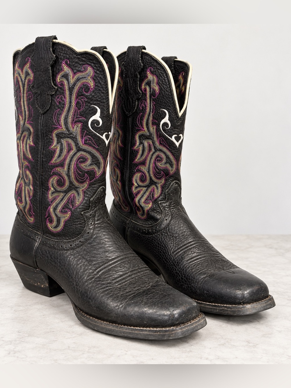 Justin Black Leather Western Cowboy Boots Purple Embroidered Size 8.5C